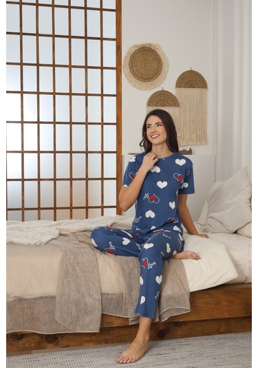 Kadın Yazlık Kısa Kol Penye Süprem Kumaş Pijama Takımı Mavi Kalpli