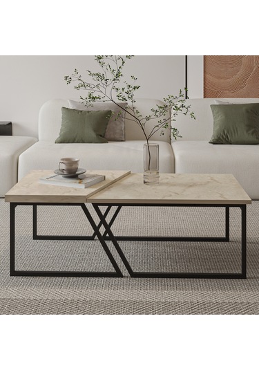 Verona İkili Orta Sehpa Modern Tasarım Metal Ayaklı Sehpa Seti Traverten