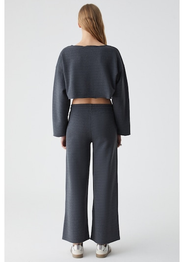 Klıos  Kadın Geniş Paça Yüksek Bel Slim Antrasit Eşofman Takımı