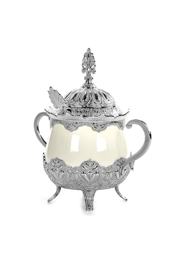Kapaklı Ve Kaşıklı Lüks Porselen Şekerlik Lokumluk Gümüş