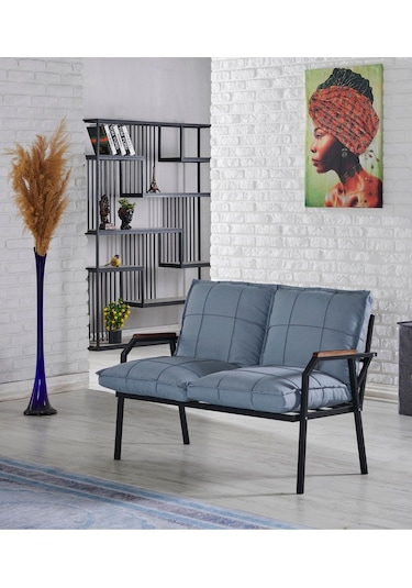 Mygusi Hayal Balkon, Bahçe, Cafe - Metal Kanepe Koltuk Takımı - 2+1+1 Sehaplı Mavi