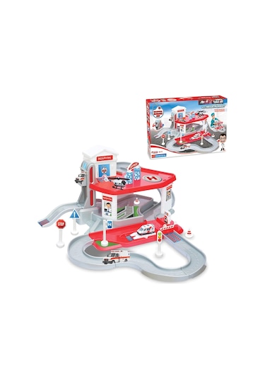 İki Katlı Hastane Garaj Seti - Otopark Seti - Araba Seti - Doktor Oyuncak - İki Katlı Garaj