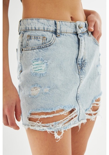 Explode - Kadın Yırtık Detaylı Mini Kot Etek Açık Mavi-açık Mavi Açık Mavi