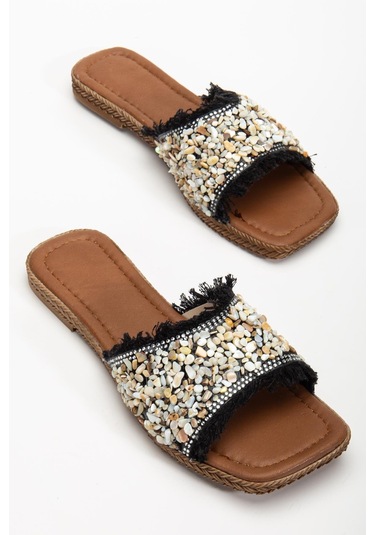 Kadın Düz Topuklu Terlik Siyah Taşlı Püsküllü Kalın Tekbant-3922 Siyah