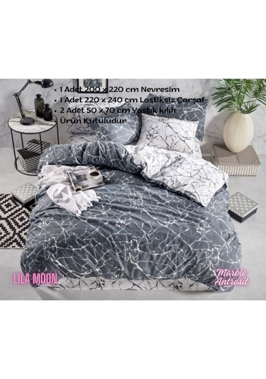 Ranforce Light Marble Antrasit Çift Kişilik Nevresim Takımı Antrasit Beyaz