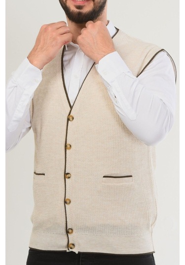 Kamalı Erkek V Yaka Triko Düğmeli Cepli Çizgi Desenli Regular Fit Premium Tüylenmeyen Örgü Yelek Taş