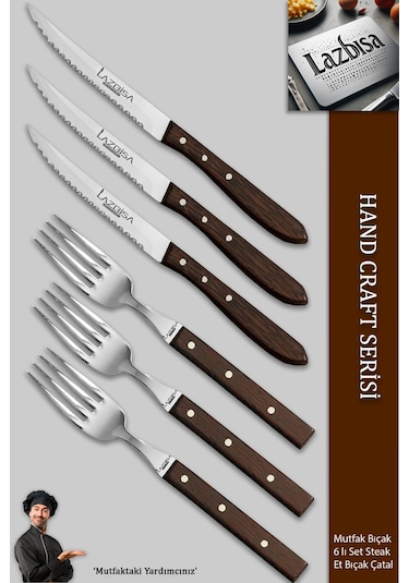 Lazbisa Mtf-060 Hand Craft Serisi Steak Et Bıçağı Çatalı 6 Lı Set Mutfak Bıçak Seti Kahverengi