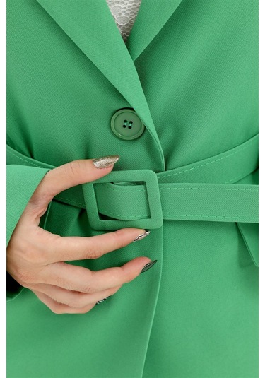 Düşük Omuz Kemerli Atlas Kumaş Blazer Ceket - Yeşil-yeşil Yeşil