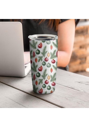 20oz Noel Desenli Seyahat Kahve Termosu, Kapaklı Paslanmaz Çelik Noel Süs Eşyası Çam Ağacı