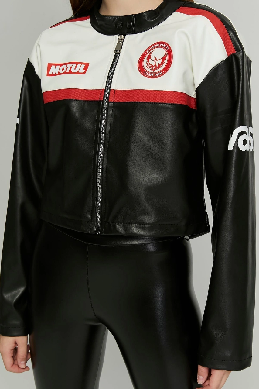 Kadın Oversize Baskılı Deri Şeritli Motorcu Montu Kısa Fermuarlı Yarışçı Ceketi Bomber Kolej Mont Kırmızı