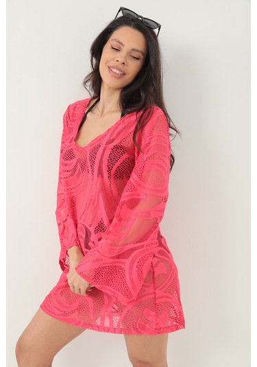 Kolları Volanlı Elbise Fuşya