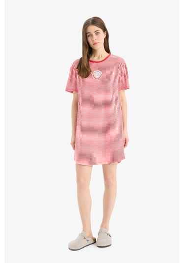DeFacto Çizgili Bisiklet Yaka Kısa Kollu Gecelik-Fall in Love E0268AX25SPRD227