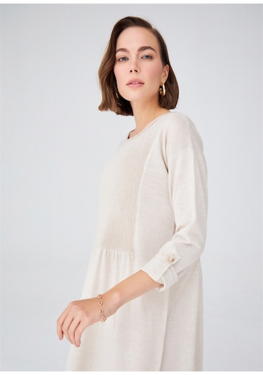 Peraluna Bol Kesim Uzun Kadın Triko Elbise Ekru Melanj Ekru
