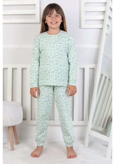 Minik Uyku Avcısı - Vahşi Rahatlık Serisi Leopar Desenli Kız Çocuk Pijama Takımı Mint