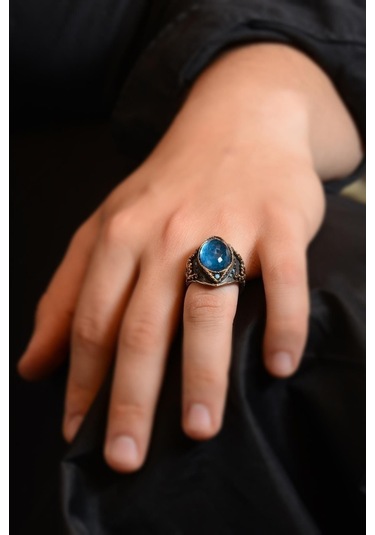 Vog Gravür Taşlı Oval Aquamarin 925 Ayar Erkek Gümüş Yüzük