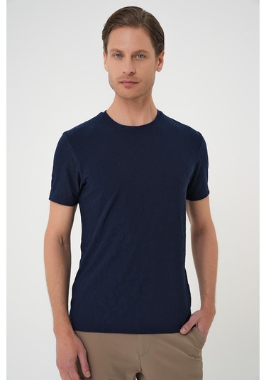 Comfort Fit Bisiklet Yaka Kabartma Desenli Casual Lacivert Tişört Ts 899 Lacivert