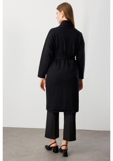 On Kadın Büyük Beden Beli Kuşaklı Şal Yaka Hırka 60900 Siyah Siyah