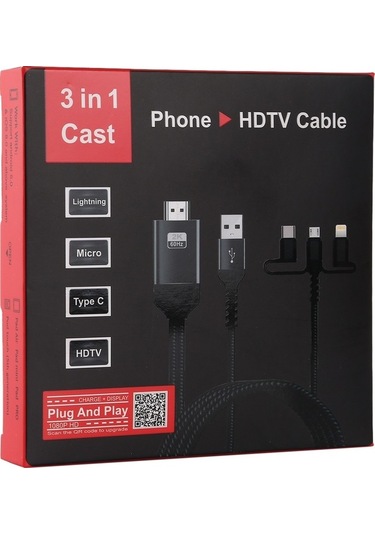 Novahub 3'ü 1 Arada Mikro Usb Type-c 8 Pin - Hd Tv Kablosu Siyah