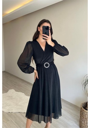 Neşeli Butik Kadın Kruvaze Yaka Tokalı Midi Boy Işıltılı Elbise Nm009 Siyah