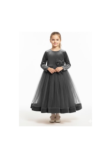 Kız Çocuk Kadife Elbise-ül Detaylı-fiyonk Süslemeli 7-12 Yaş 12441 Siyah