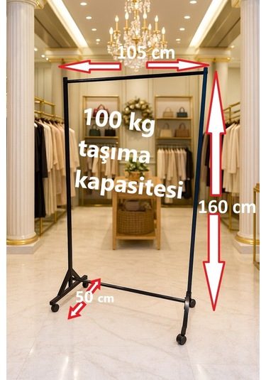 Premium 160 Cm Çelik Konfeksiyon 105 Cm En Elbise Askılık Tekerlekli Demonte Portmanto Hanger Siyah