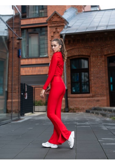 Kırmızı Yırtmaçlı İspanyol Paça Spor Tayt Kırmızı