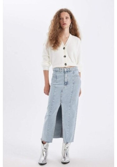 Defacto Fashion Fit Yırtmaçlı Uzun Boy Jean Etek D4419AX24AUNM39 Mavi