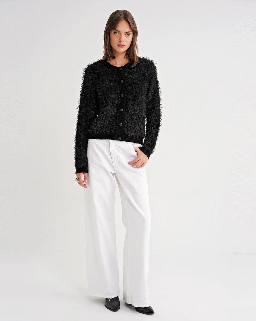 6897 Kadın Uzun Sakallı Bant Detaylı Triko Hırka Siyah Siyah