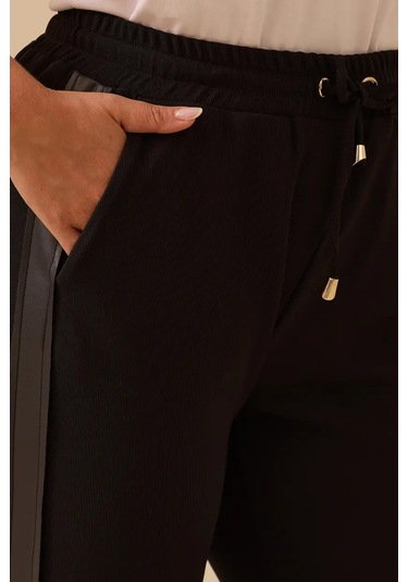 Kadın Büyük Beden Fitilli Bilek Boy Pantolon - Siyah 4358748