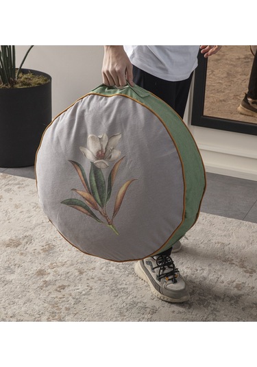 Gri Çiçek Desenli Dekoratif Taşınabilir Yuvarlak Puf Yer Minderi