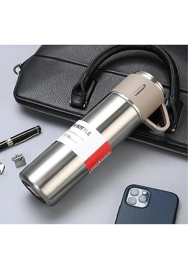 Paslanmaz Çelik 3 Bardaklı Vakumlu Vacuum Termos Set 500 Ml, 12 Saate Kadar Isı Koruma Termos Gümüş