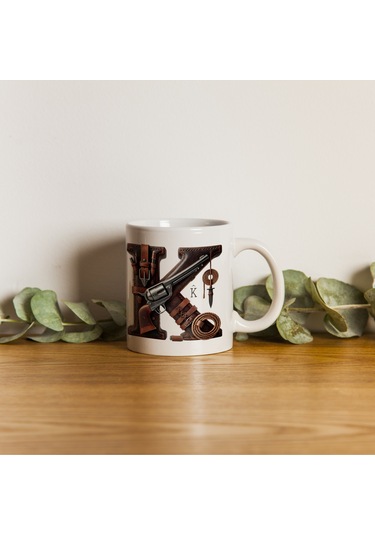 K Harfi Kovboy Temalı Bardak 330 Ml İsim / Harf Kişiye Özel Hediye - Vahşi Batı Konsept Beyaz