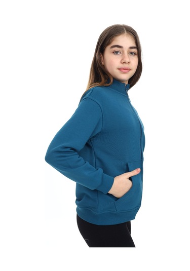 Toontoy Kız Çocuk Mavi Dik Yaka Fermuarlı Cepli Düşük Omuz Nakış Baskılı Örme Hırka - 2 İplik Şardonlu Petrol Mavi