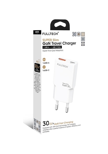 Fulltech Fc71 30w Gan Süper İnce Hızlı Şarj Adaptörü 1x Usb-a + 1x Usb-c Pd 30w & Qc 3.0 Destekl