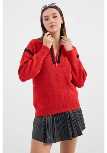 Gabria Fermuarlı Şeritli Kazak Kırmızı