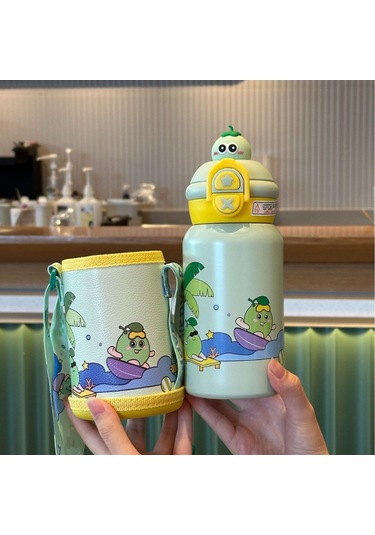 Jian Fan Sevimliçiftçi Saman Bardağı Düşme Önlici Termos Bardağı - Yeşil Yeşil