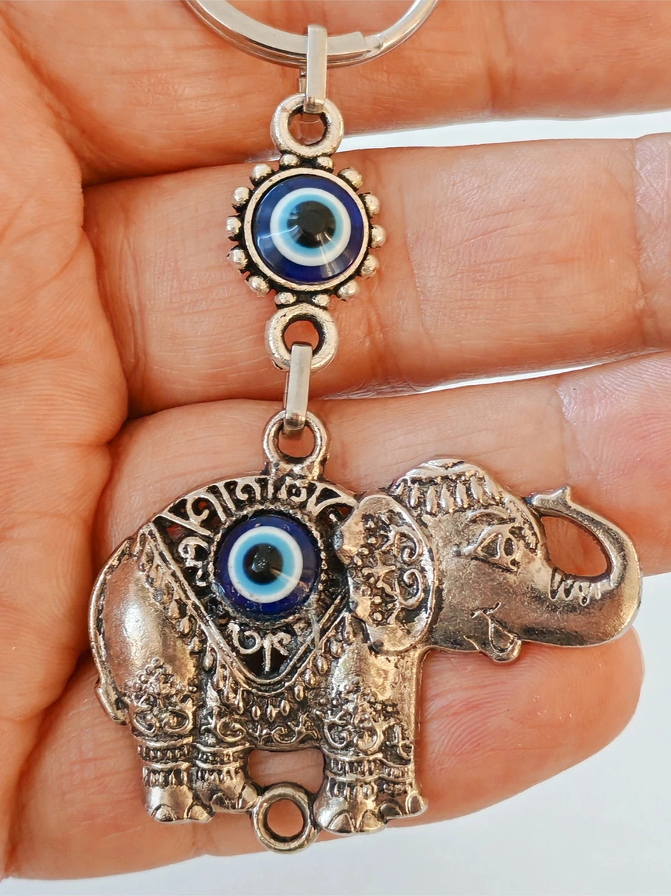 Nazar Boncuklu Fil Metal Anahtarlık