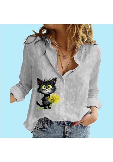 Kadın Moda Düğmeli Bluz Rahat İnce Uzun Kollu Üst Bayan Pamuklu Keten Baskılı Gömlek Gri