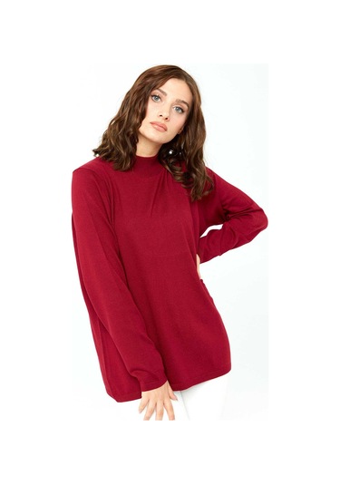 Desen Triko Kadın Likralı Uzun Kol Basic Yarım Balıkçı Bluz 0240016 Vişne Vişne