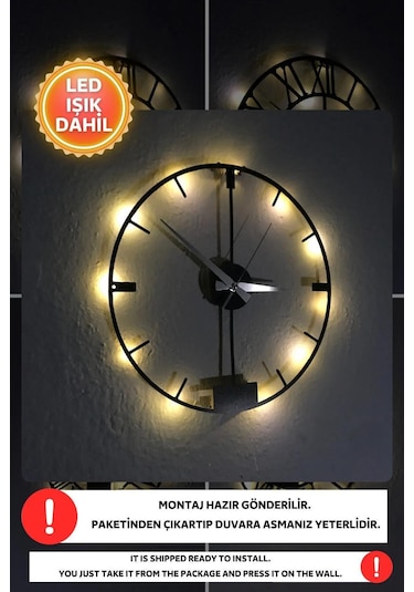 Led Işıklı Modern Duvar Saati Sessiz Dekoratif Modern Siyah Duvar Siyah