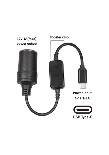 Neevoyu Sürücü Kaydedici İçin 5v'den 12v'ye 12w Güçlendirici Tipe-c'den Sigara Çakmaklı Anahtara Siyah Artırma Kablosu