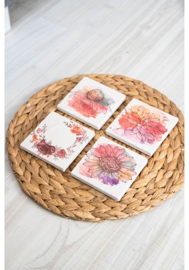 Doğal Taş Bardak Altlığı 4'lü Set 10x10x1 Cm - Çiçek Baskılı Doğaltaş Çok Renkli
