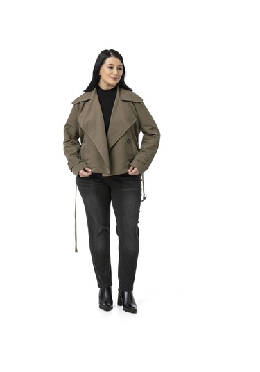 Büyük Beden Mono Yaka Kemerli Astarlı Kısa Haki Trençkot Haki