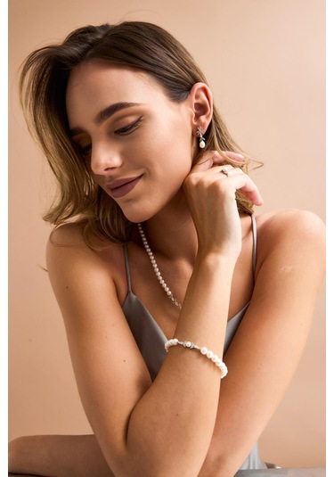 6,5 Mm Yaprak Modeli Doğal İnci Bileklik 20 Cm / Beyaz Beyaz Beyaz Altın