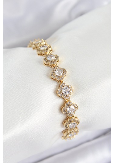 Pirinç Zirkon Taşlı Yonca Baget Model Gold Renk Vıp Seri Kadın Bileklik Altın