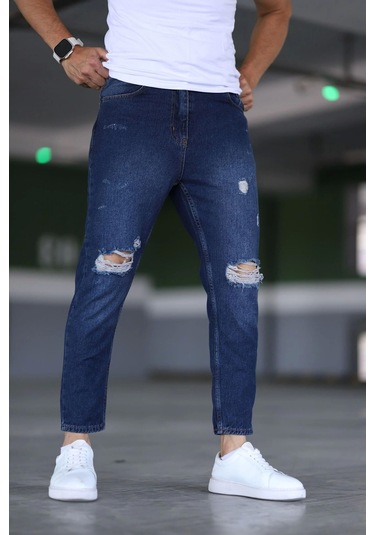 Erkek Boyfiend Yırtıklı Lacivert Kot Pantolon Lacivert