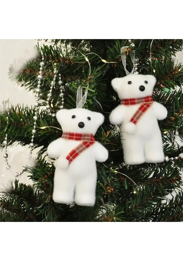 Yılbaşı Ağaç Süsü 2li Beyaz Ayıcık Gümüş-kırmızı Atkılı Diğer