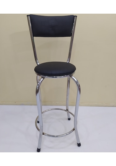 Sandalye St Bar Tipi Yüksek Model 4ad Siyah Suni Deri Döşem Metal Çelik Nikelaj Siyah