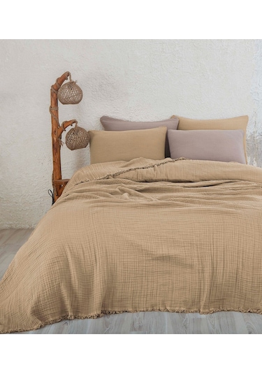 %100 Pamuk Çift Kişilik Müslin Yatak Örtüsü 4 Katlı Yumuşak Battaniye Müslin Pike Takımı 3 Parça Bej Bej