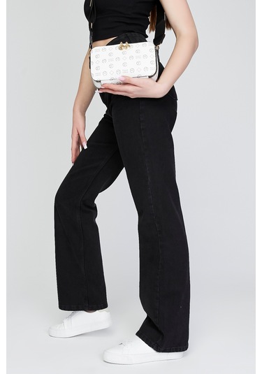 Morpelikan Beyaz Monogram İki Bölmeli Kolon Askılı Omuz Çantası Beyaz